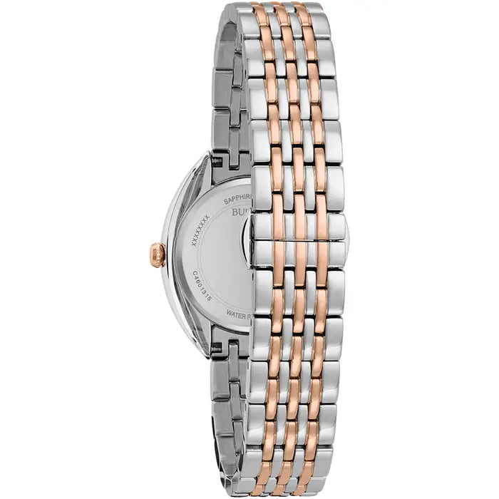 Back view of the Bulova Ladies Classic Two-Tone Brown Dial Diamond Watch (98R230), featuring a silver and rose gold stainless steel link band, round case, and side crown.