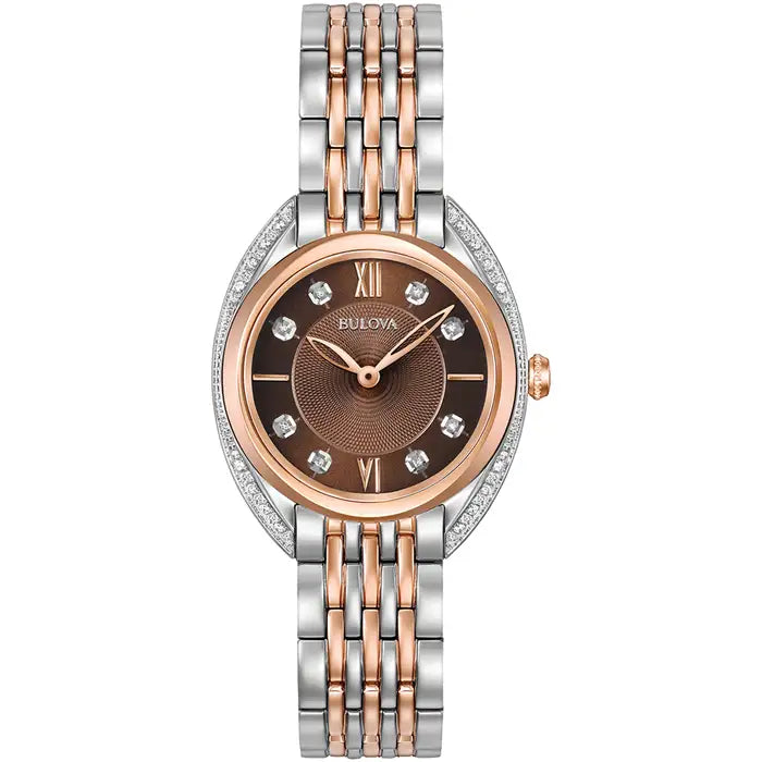 The Bulova Ladies Classic Two-Tone Brown Dial Diamond Watch (98R230) features a silver and rose gold band, brown round dial, diamond hour markers, and Roman numerals at 12 and 6 o'clock.