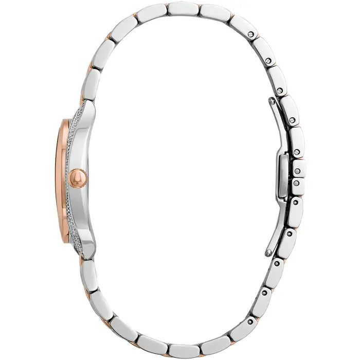 A side view of the Bulova Ladies Classic Two-Tone Brown Dial Diamond Watch 98R230 showcases its slim case profile, two-tone stainless steel band, and closed clasp.