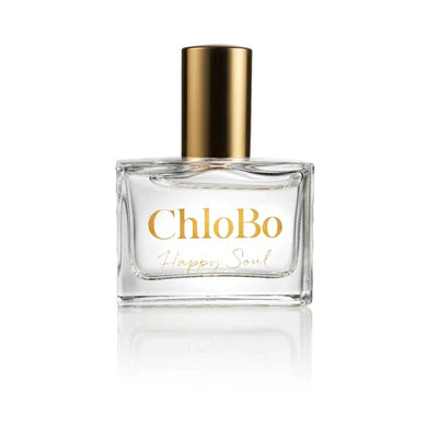 A 30ml clear glass bottle of ChloBo Happy Soul Eau de Parfum with a gold cap is displayed against a white background.