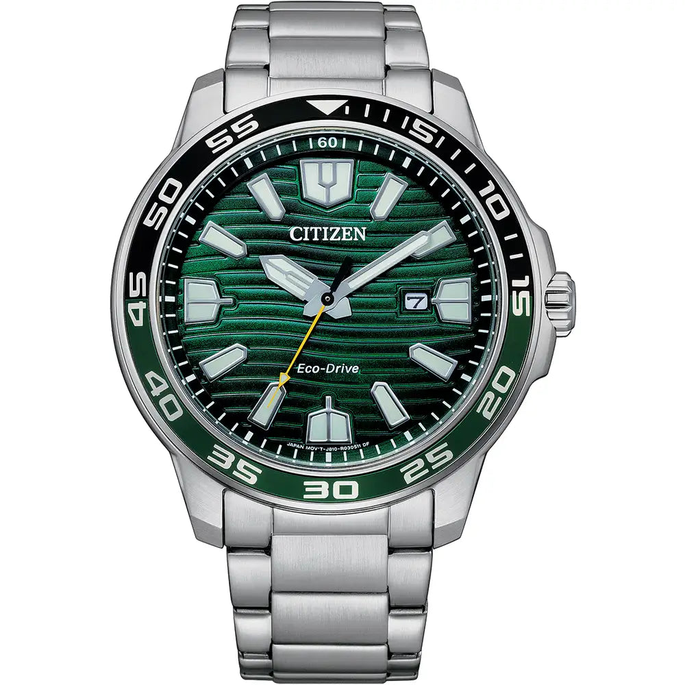 Citizen Men's Steel Sports Bracelet Watch AW1526-89X features Eco-Drive technology, a silver metal band, textured green dial, silver hour markers, and a date window at 3 o’clock.