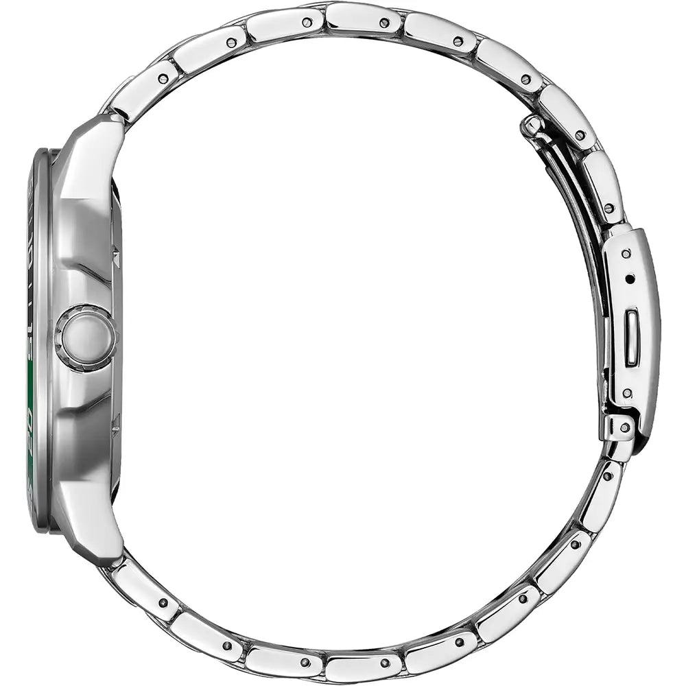 Side view of the Citizen Men's Steel Sports Bracelet Watch AW1526-89X, featuring a metal link band with closed clasp, crown, case profile, and Eco-Drive technology.