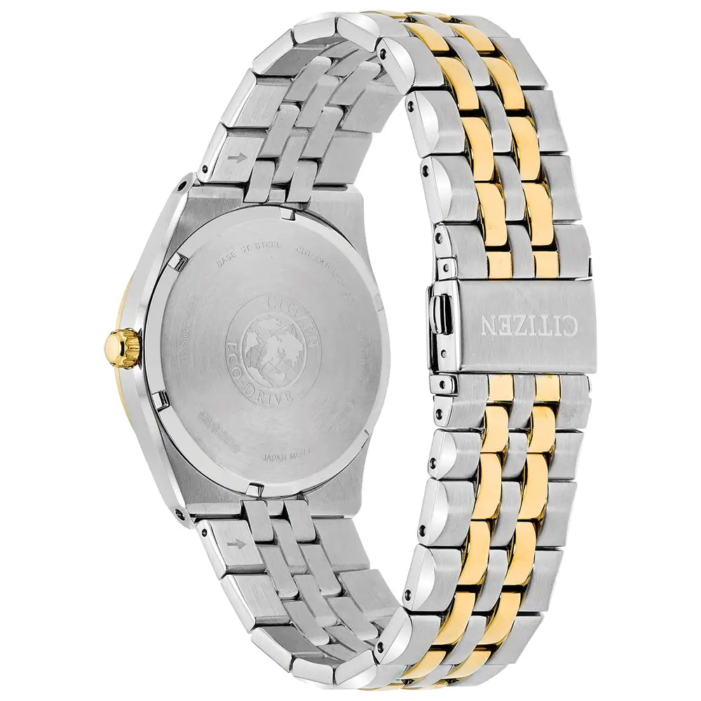 Back view of the Citizen Men's Corso Two Tone Bracelet Watch BM7334-58L, showcasing a two-tone stainless steel band and Citizen-logo clasp, featuring innovative Eco-Drive technology.