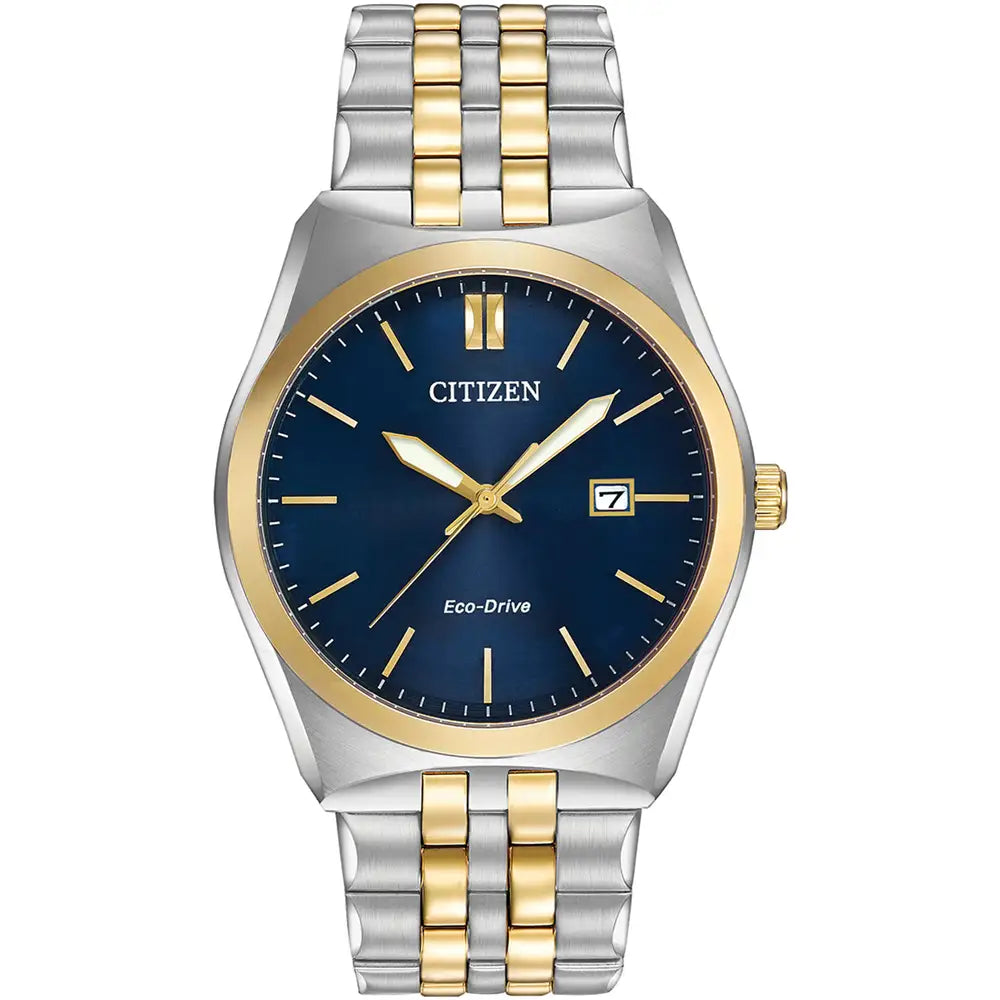 The Citizen Men's Corso Two Tone Bracelet Watch BM7334-58L features Eco-Drive technology, a blue dial, two-tone gold and silver stainless steel band, and a date display at 3 o’clock.