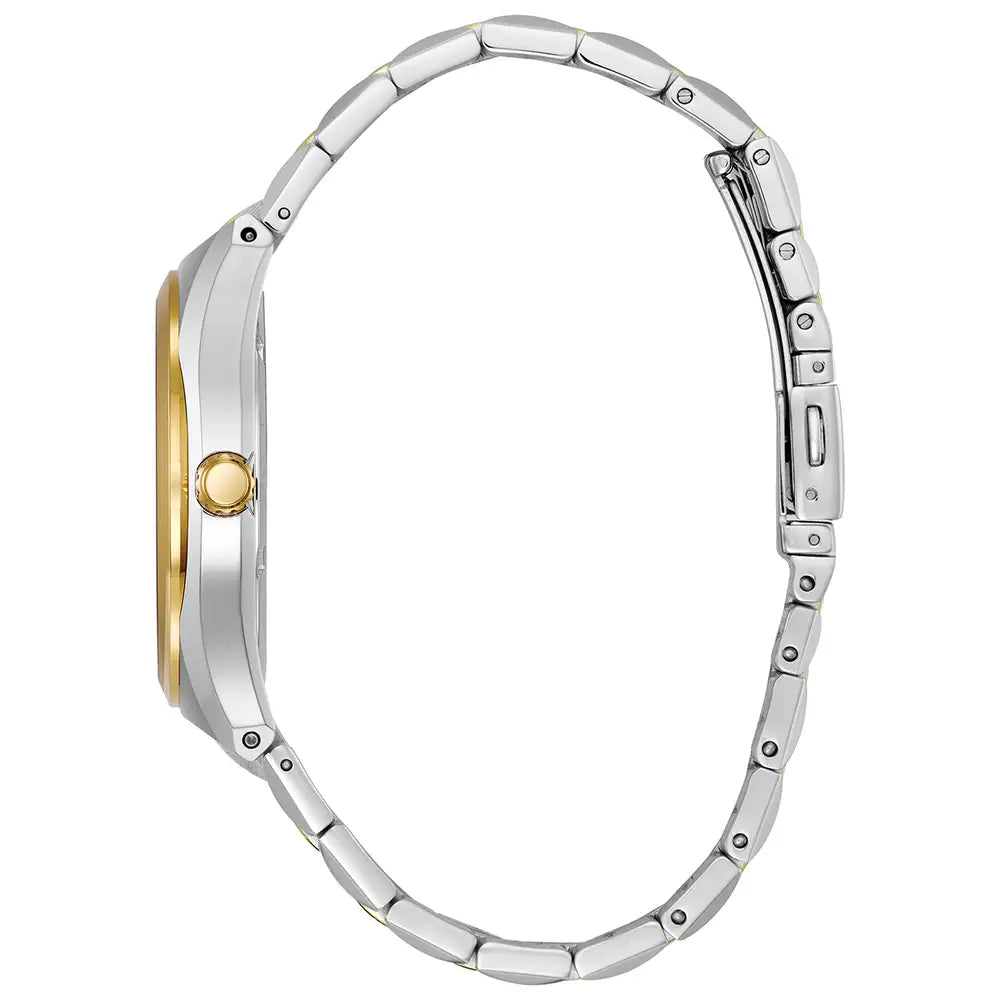 Side view of the Citizen Men's Corso Two Tone Bracelet Watch BM7334-58L in stainless steel, featuring a silver design with gold bezel and crown, linked bracelet, and deployment clasp.