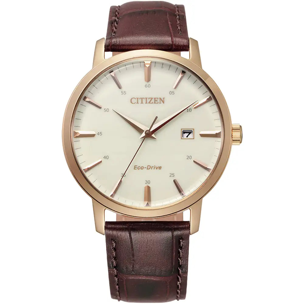 The Citizen Men's Eco-Drive Leather Strap Watch (BM7463-12A) features Eco-Drive tech, a brown leather strap, gold-tone case, white dial with date display, and gold hour markers.