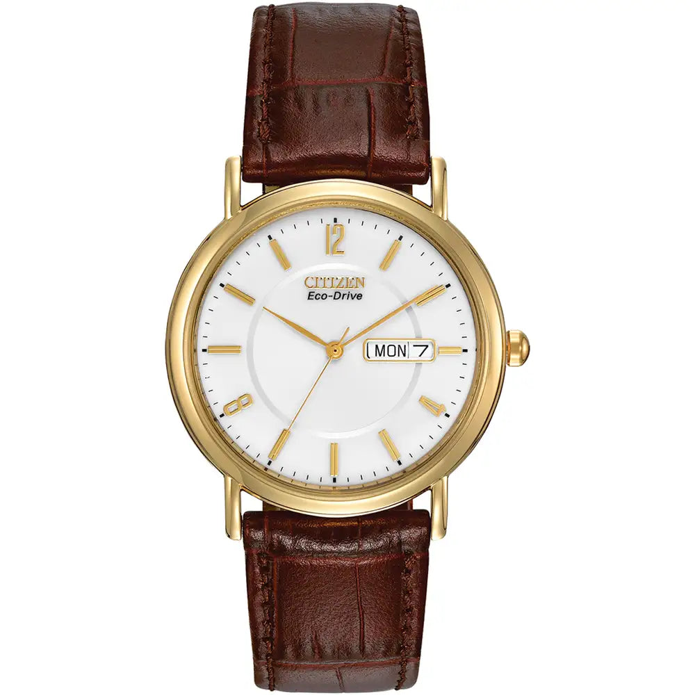 The Citizen Men's Eco-Drive Leather Strap Watch (BM8242-08A) features a brown leather strap, gold-tone case, white dial, and a day-date display at 3 o’clock.