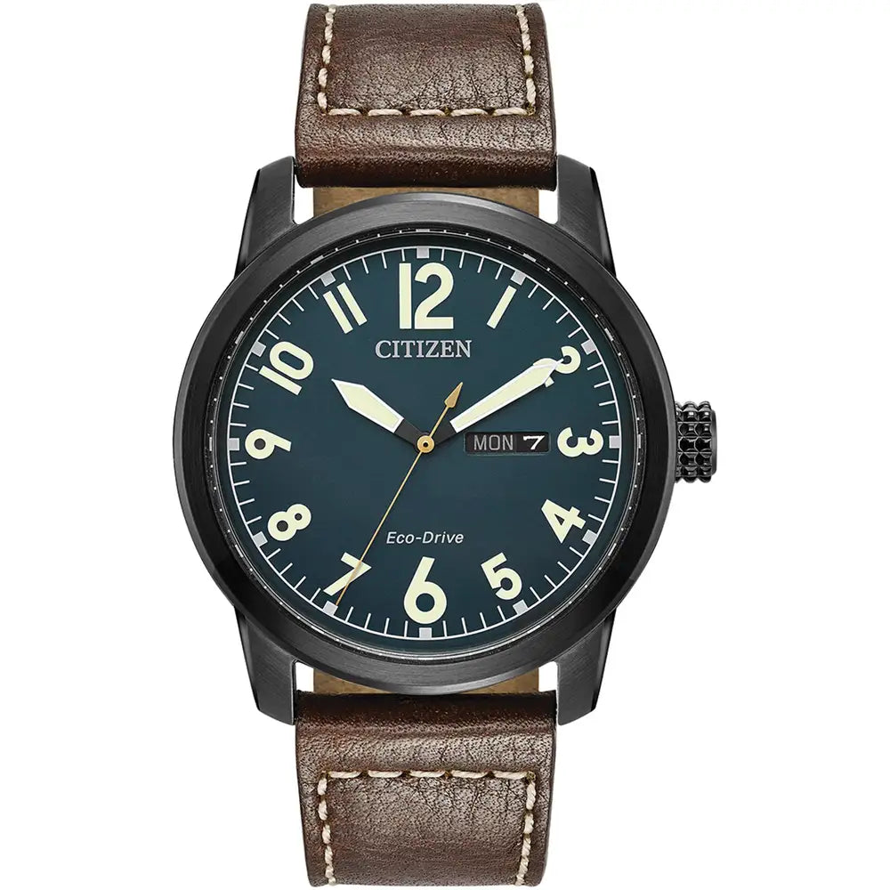 Citizen Men's Eco-Drive Military Style Watch (BM8478-01L) features a black dial, white numerals, day/date display, and a brown leather strap.