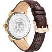 Back view of the Citizen Men's Eco-Drive Leather Strap Watch (BM8553-16A) with brown leather strap, gold-tone buckle, engraved case back, and innovative Eco-Drive technology.