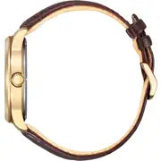 Side view of the Citizen Men's Eco-Drive Leather Strap Watch (BM8553-16A) featuring a brown leather strap, gold-tone case, and detailed crown and buckle.
