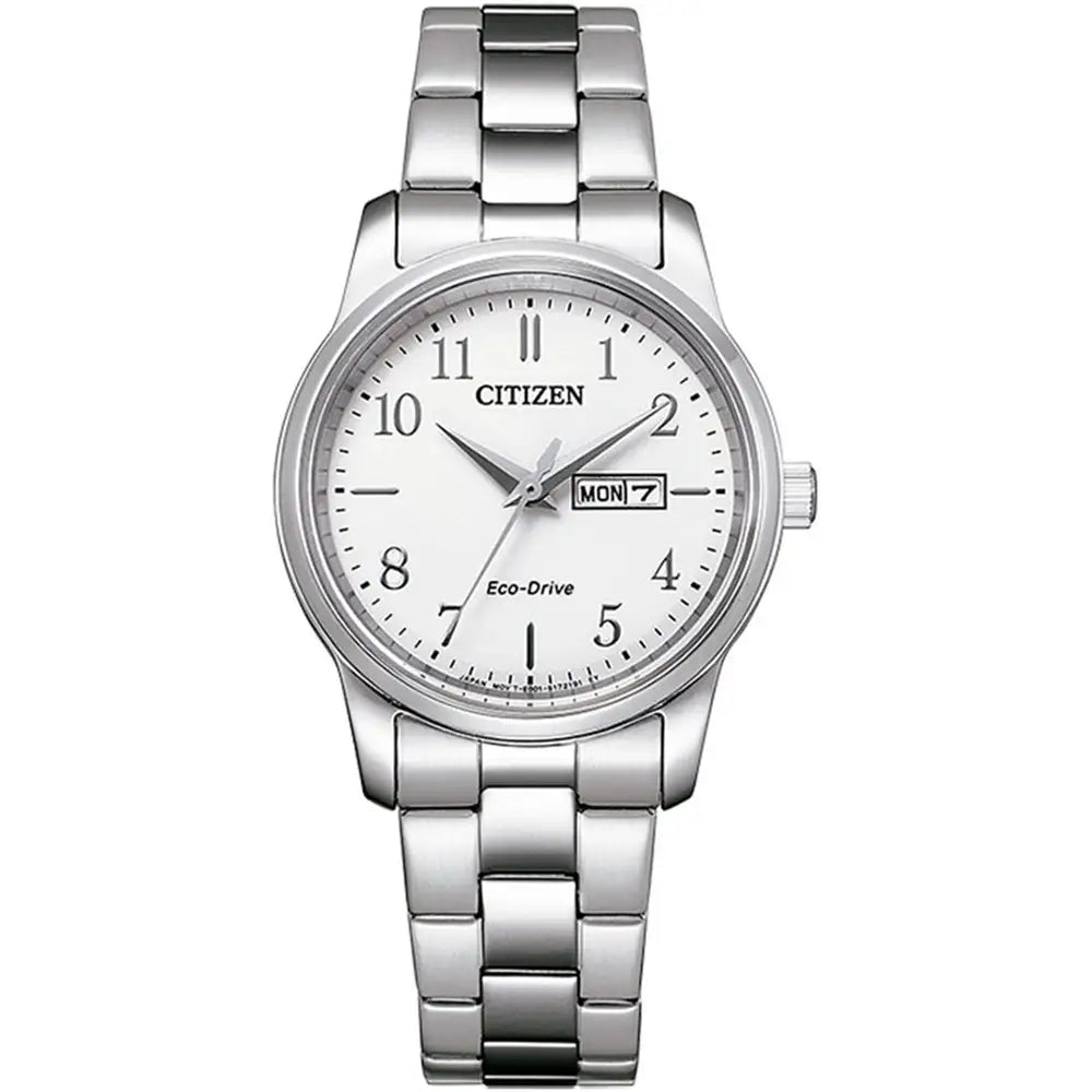 Citizen Ladies Steel Bracelet Watch EW3261-57A features Eco-Drive technology, a stainless steel bracelet, a white dial with black numerals, and date and day windows at 3 o'clock.