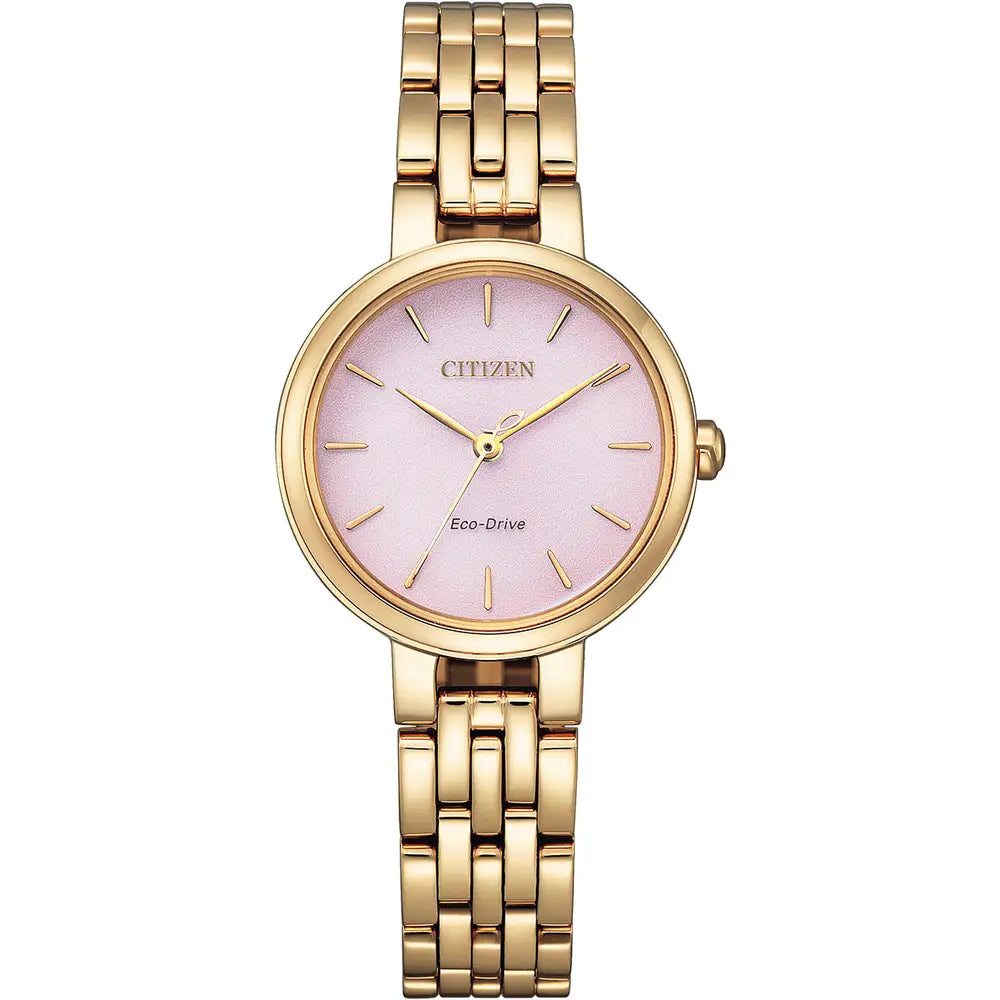 The Citizen Ladies Silhouette Gold Tone Watch (EM0993-82X) features a pink dial, minimal hour markers, a gold-tone stainless steel linked band, and Eco-Drive technology.