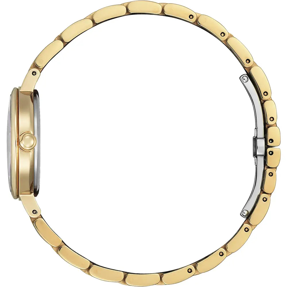 A side view of the Citizen Ladies Silhouette Pink Dial Gold Tone Watch (EM0993-82X) with a gold-tone stainless steel band and Eco-Drive technology, displayed against a white background.