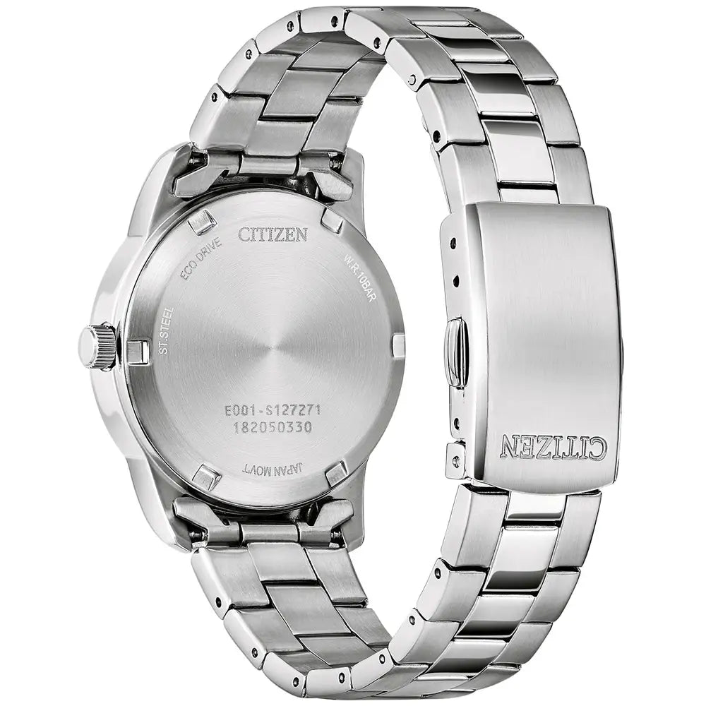 Back view of the Citizen Ladies Steel Bracelet Watch EW3261-57A, showcasing its stainless steel bracelet, case back, clasp, and engraved brand details.