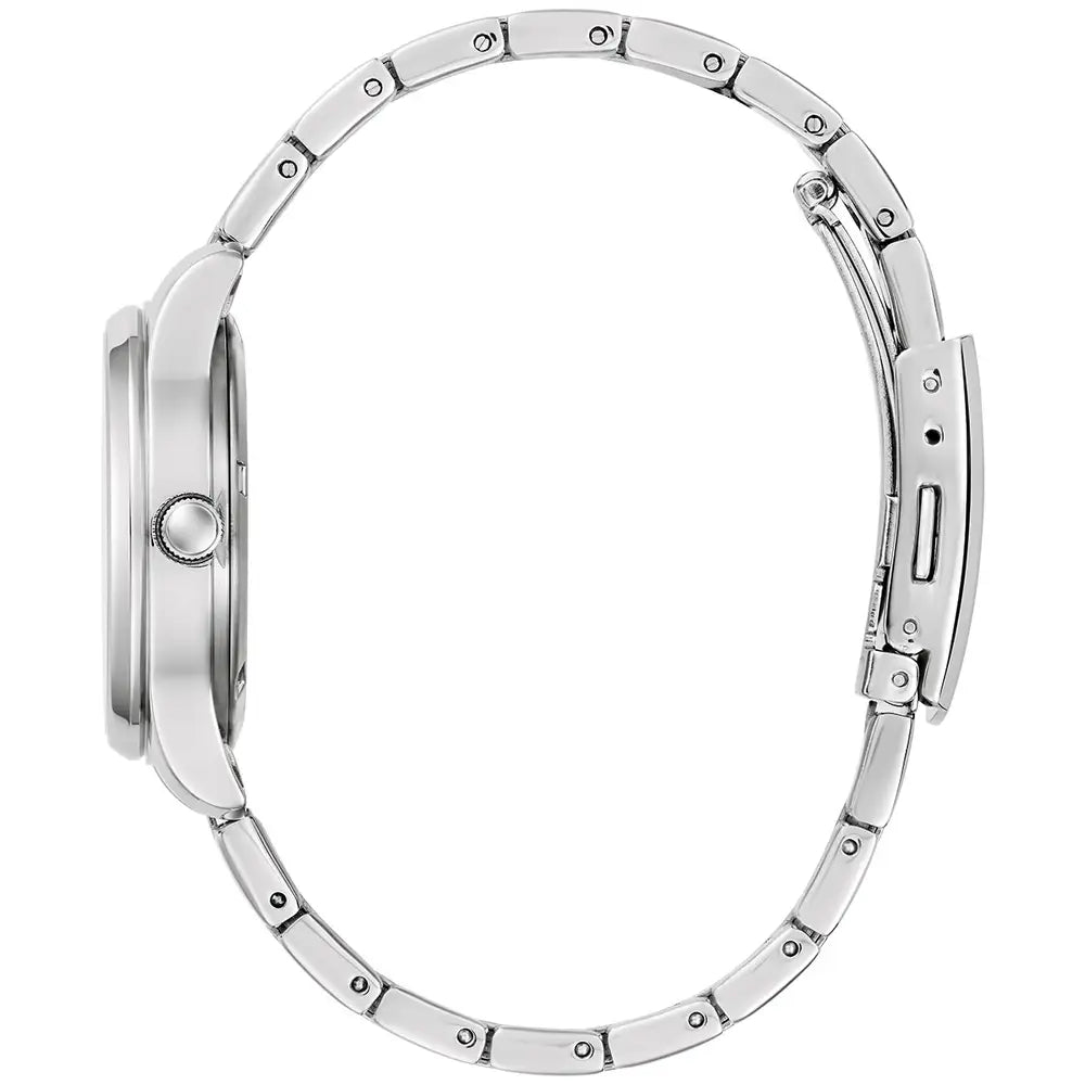 Side view of the Citizen Ladies Steel Bracelet Watch EW3261-57A, featuring a round case, stainless steel bracelet with visible crown and clasp, and Eco-Drive technology.