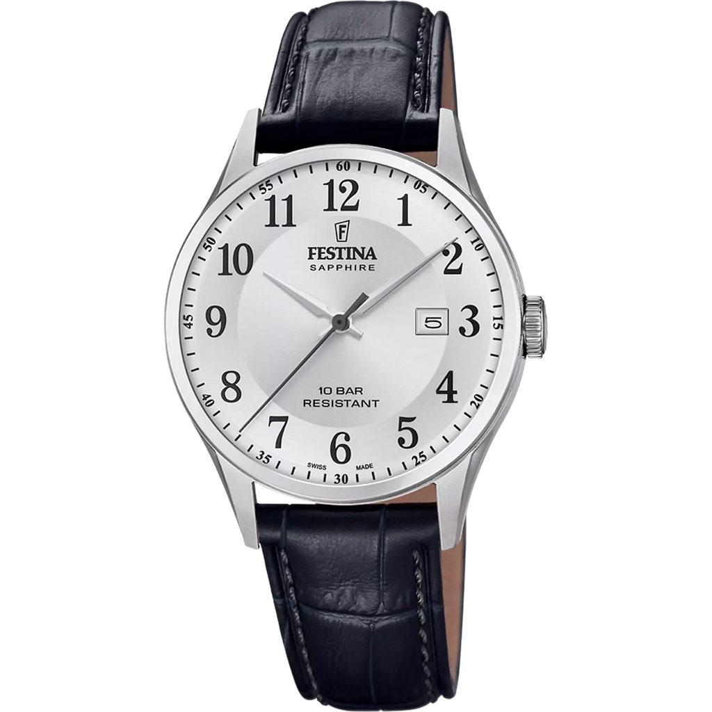 The Festina Men's Silver Dial Watch F20007/1, Swiss Made, features black numerals, a date display, a black leather strap, and sapphire crystal shown on a plain background.