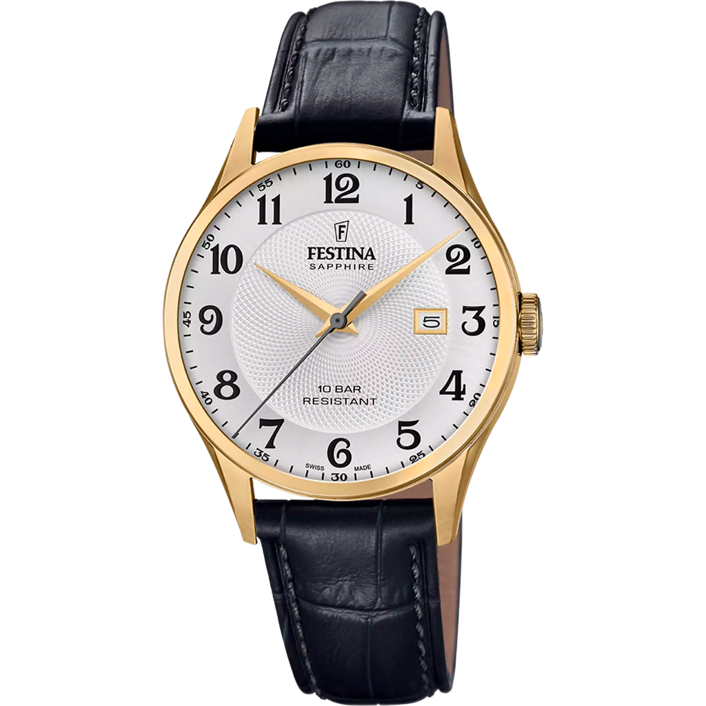 Festina Men's Silver Dial Watch F20010/1 features a gold-tone case, Swiss Made movement, sapphire crystal, date window at 3 o'clock, and black leather strap. Marked "Festina Sapphire" and "10 bar resistant" for style and durability.