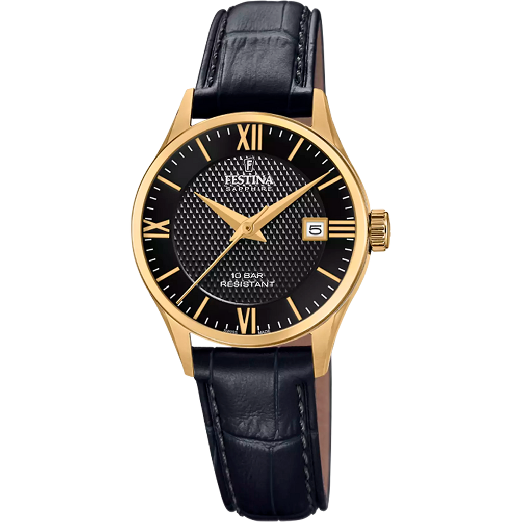 The Festina Ladies Black Dial Gold Tone Watch F20011/4 features a Swiss-made design, black leather strap, textured black dial with Roman numerals, sapphire crystal, and a date window at 3 o'clock.