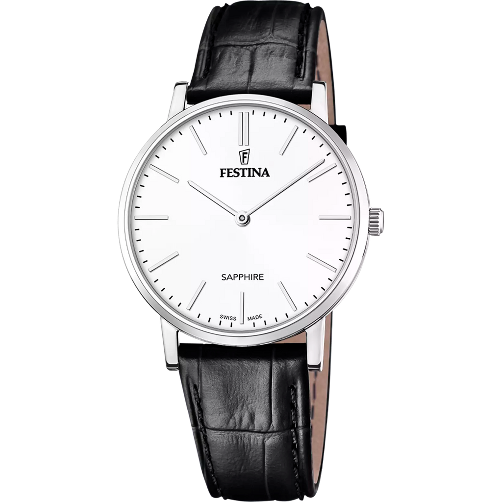 The Festina Men's White Dial Watch F20012/1 features a silver case, minimal black markers, black leather strap, sapphire crystal, and the inscriptions "Festina," "Sapphire," and "Swiss Made" on the dial.