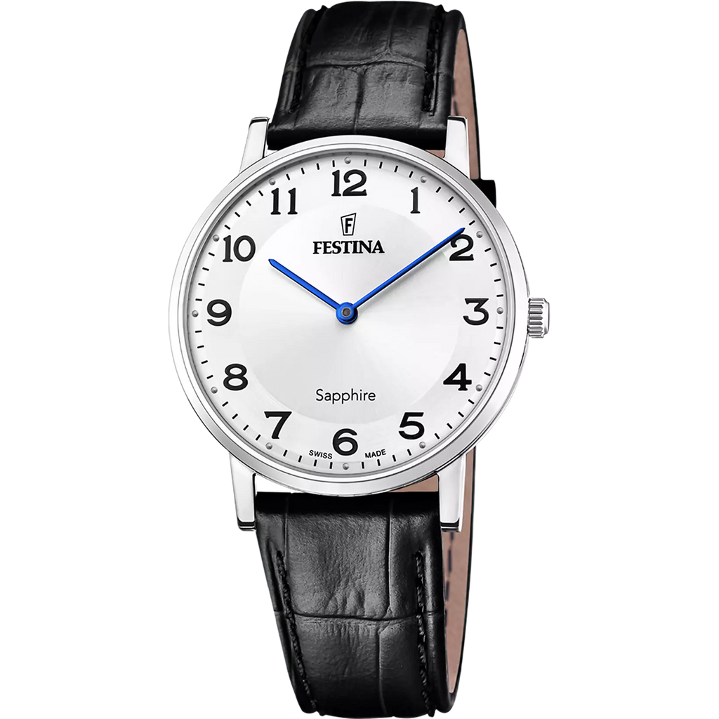 The Festina Men's White Dial Watch F20012/5 features black Arabic numerals, blue hands, a black leather strap, and "Sapphire" above 6 o'clock, highlighting its durable sapphire glass. Swiss Made.