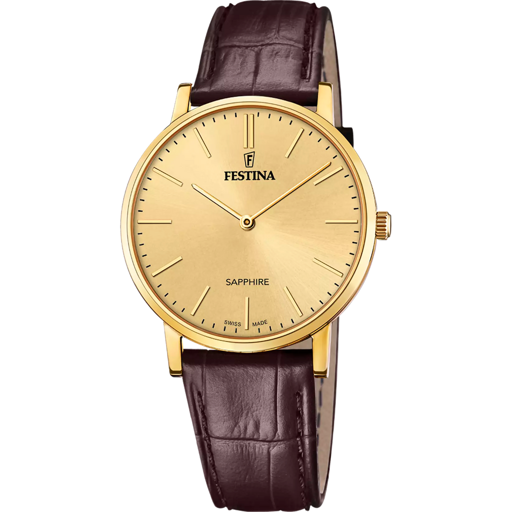 The Festina Men's Champagne Dial Watch F20016/2 features a brown leather strap, minimalistic gold dial, black hour markers, and "Festina" and "Sapphire" on the face, with a scratch-resistant sapphire crystal. Swiss made.