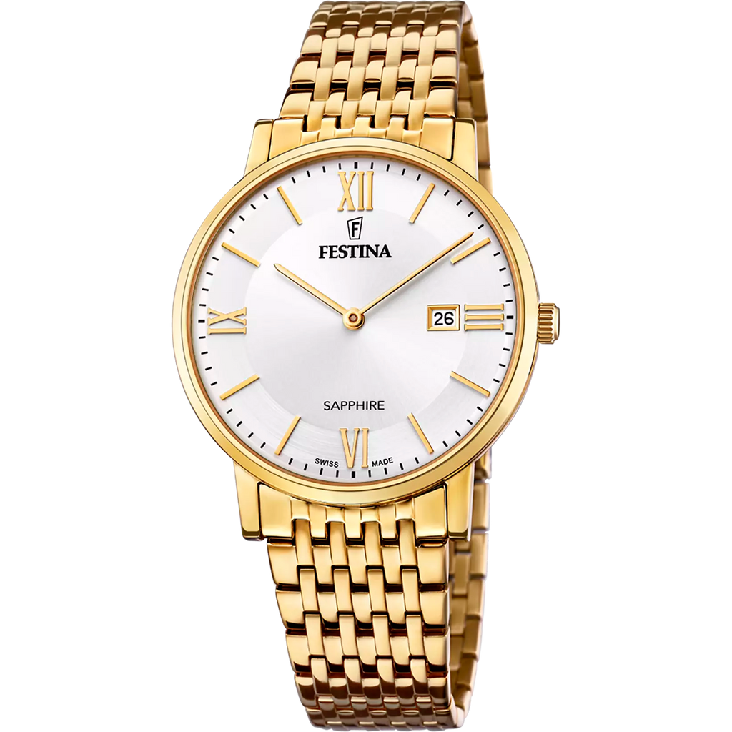 The Festina Men's Silver Dial Watch (F20020/1) features a gold-tone stainless steel strap, Swiss-made precision, and a sleek silver dial with a date display—combining elegance and quality craftsmanship.