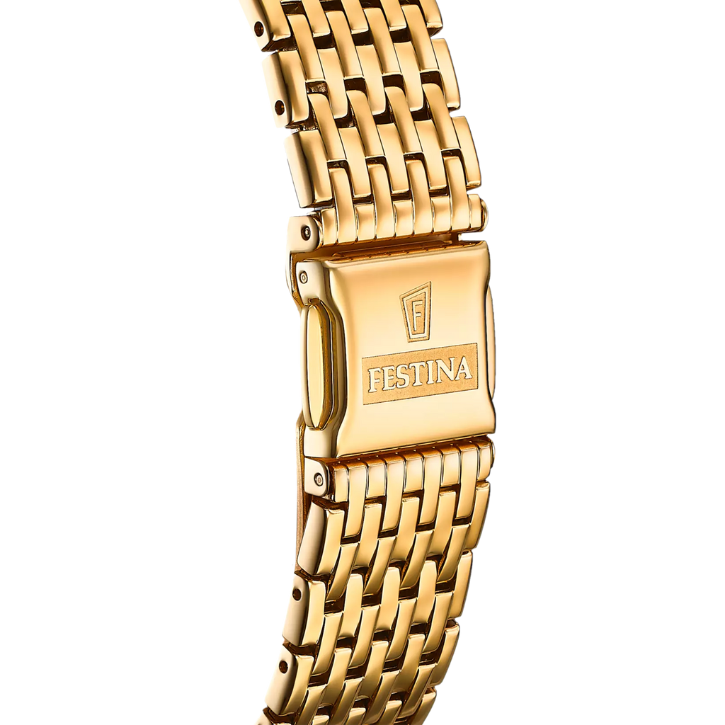 Close-up of the gold tone strap on the Festina Men's Silver Dial Watch (F20020/1), featuring a clasp engraved with "Festina" and a small logo above it. Swiss Made.