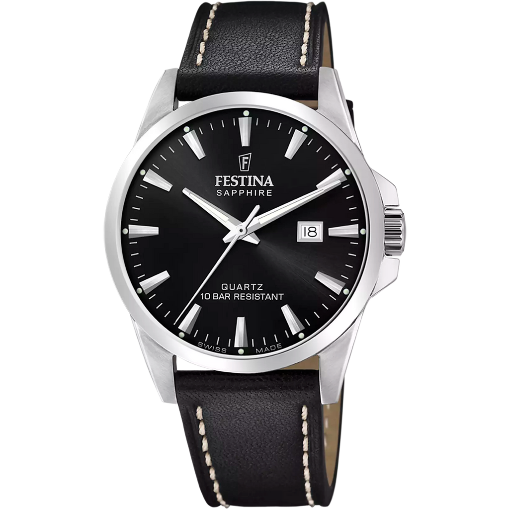 Festina Men's Black Dial Watch F20025/4 features a black leather strap, black dial, silver markers, date display, quartz movement, and stainless steel case. Swiss made.