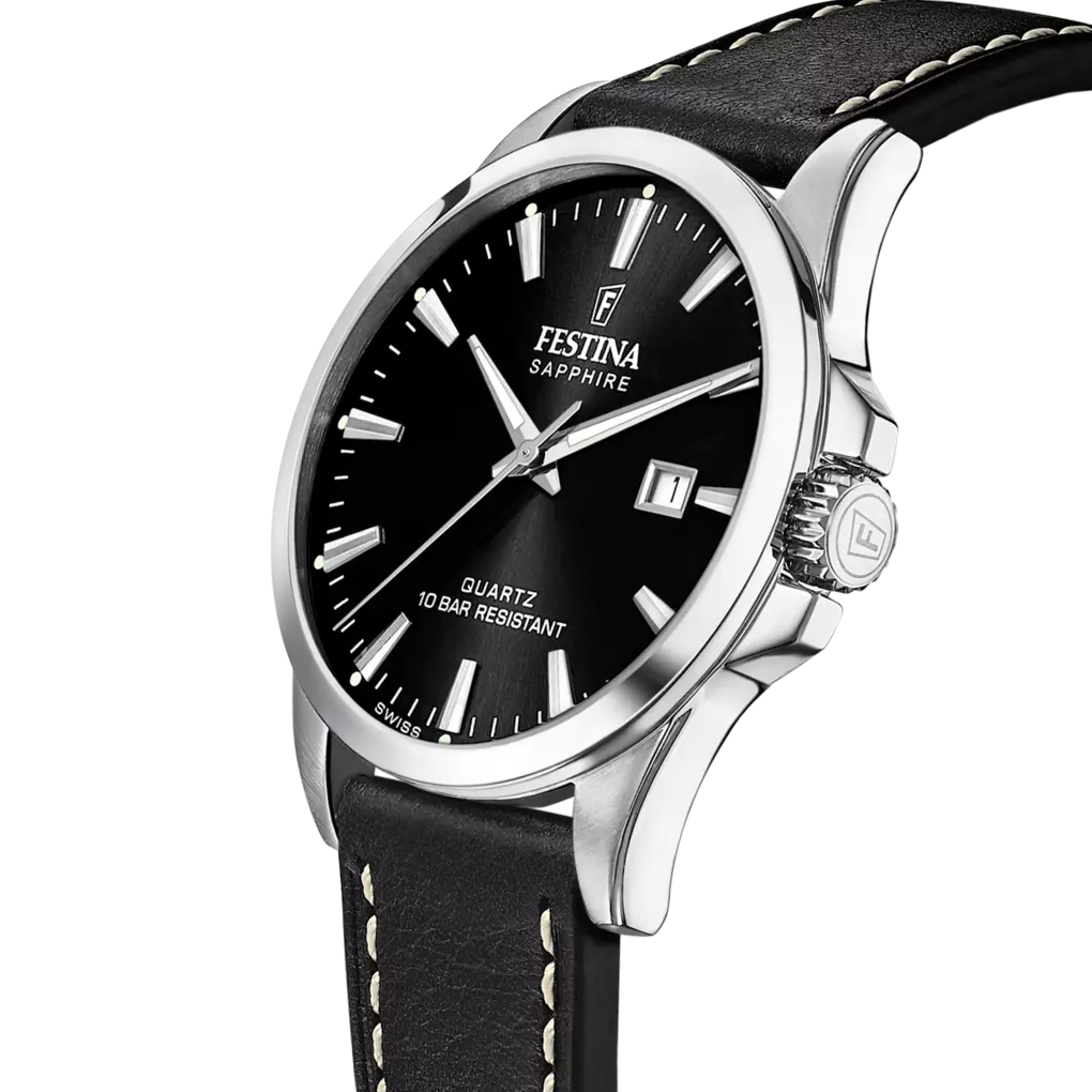 The Festina Men's Black Dial Watch F20025/4 features a Swiss Made quartz movement, date display, silver hour markers, and a black leather strap with white stitching.