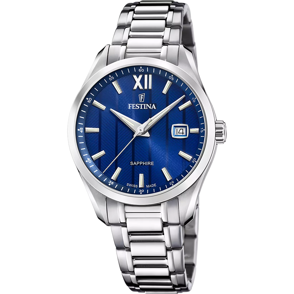 The Festina Men's Blue Dial Watch (F20026/2) features a Swiss-made design, silver hour markers, Roman numeral XII, date window at 3 o'clock, and a classic stainless steel strap.