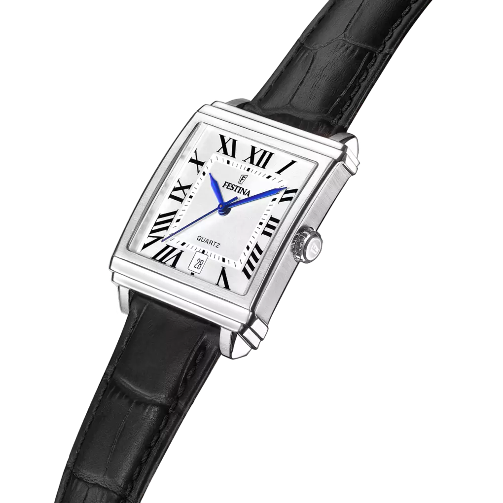 The Festina Men's Silver Dial Watch (F20681/1) has a rectangular stainless steel case, silver dial with black Roman numerals, blue hands, black leather strap, and a date window above 6 o'clock.
