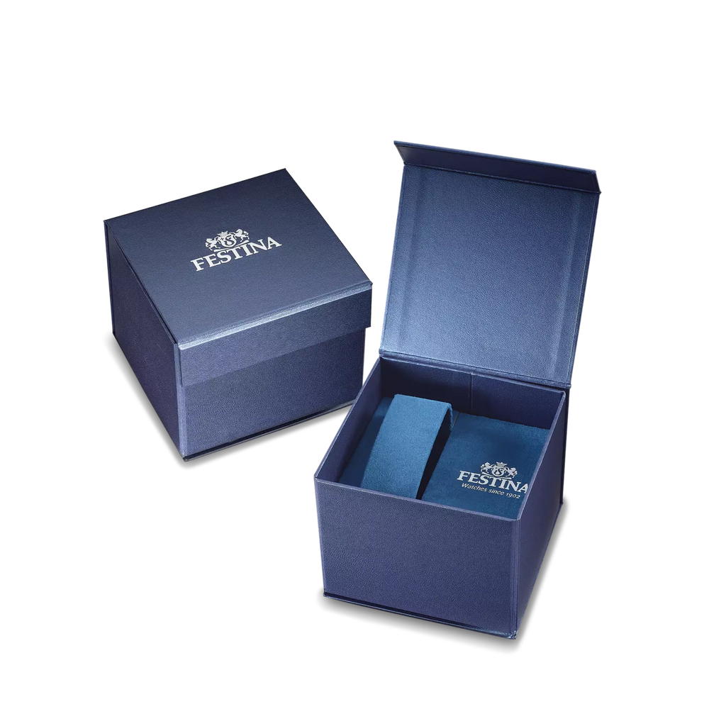 Two blue Festina watch boxes, one closed and one open to show the cushion and logo, ideal for presenting the Festina Men's Silver Dial Watch F20681/1 with a stainless steel case, all set against a white backdrop.