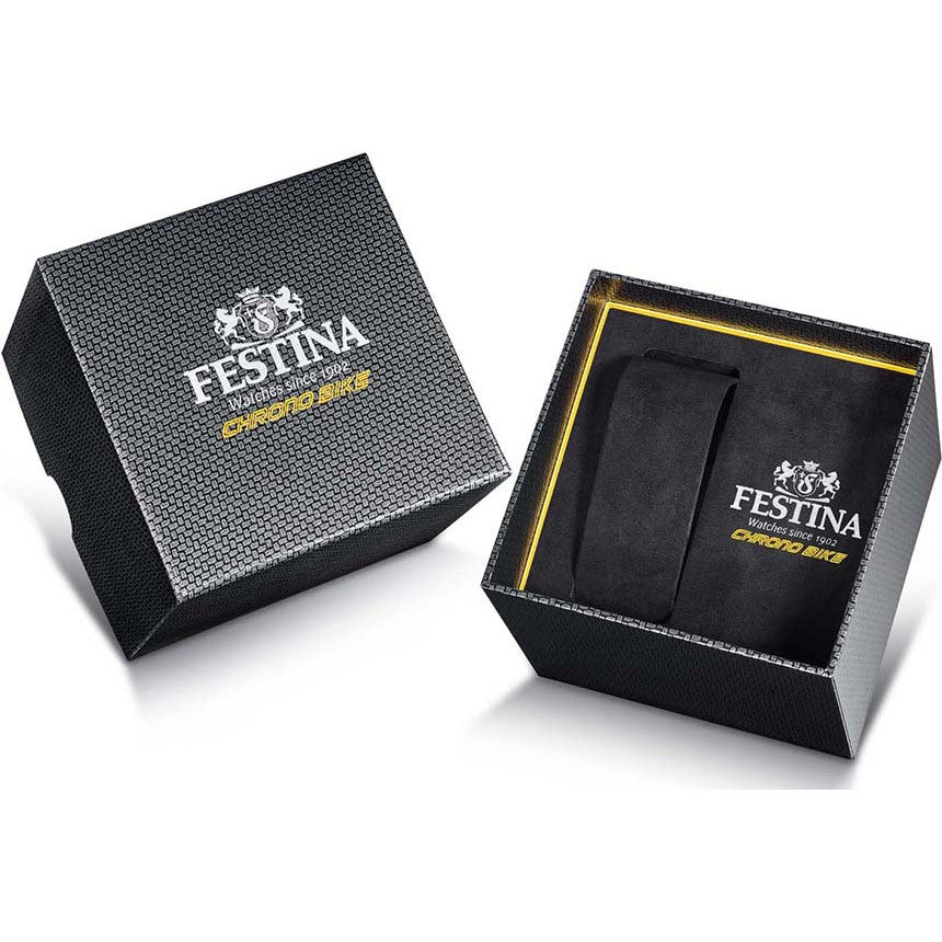A black Festina watch box with gold accents, one open and one closed, displays the Festina logo and "Chrono Bike"—ideal for showcasing your Festina Chrono Bike Men's Watch F20726-2 Swiss Made.