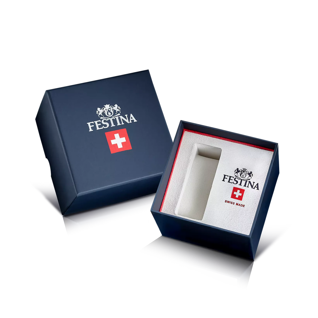 A blue Festina box with a white and red interior is open, displaying branding and a compartment for the Festina Men's Silver Dial Watch, Gold Tone F20010/1, Swiss Made with a leather strap, next to its matching lid.