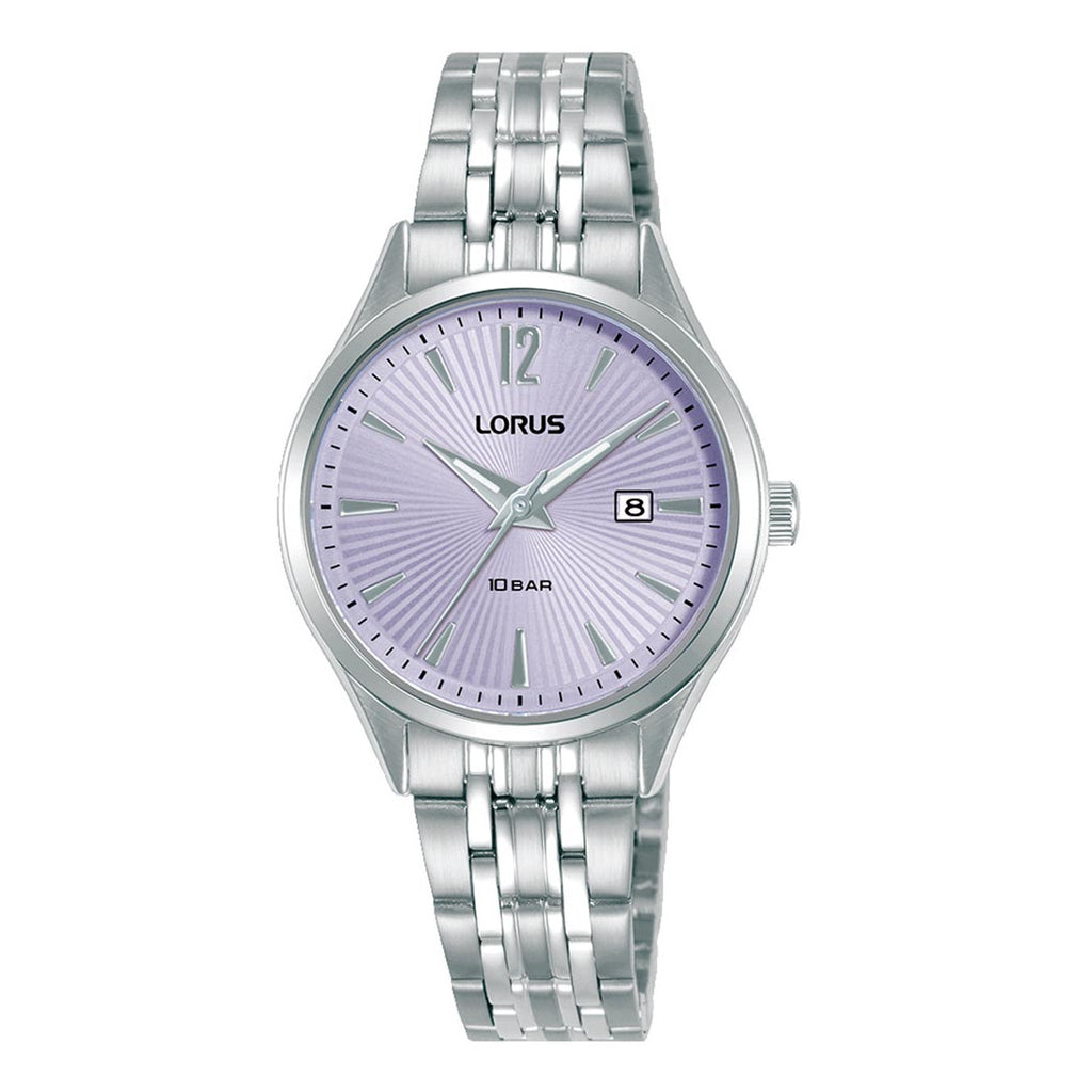 The Lorus Lilac Dial Stainless Steel Bracelet Watch RJ299BX9 features a lilac dial, date display at 3 o’clock, quartz movement, and a sleek stainless steel bracelet.