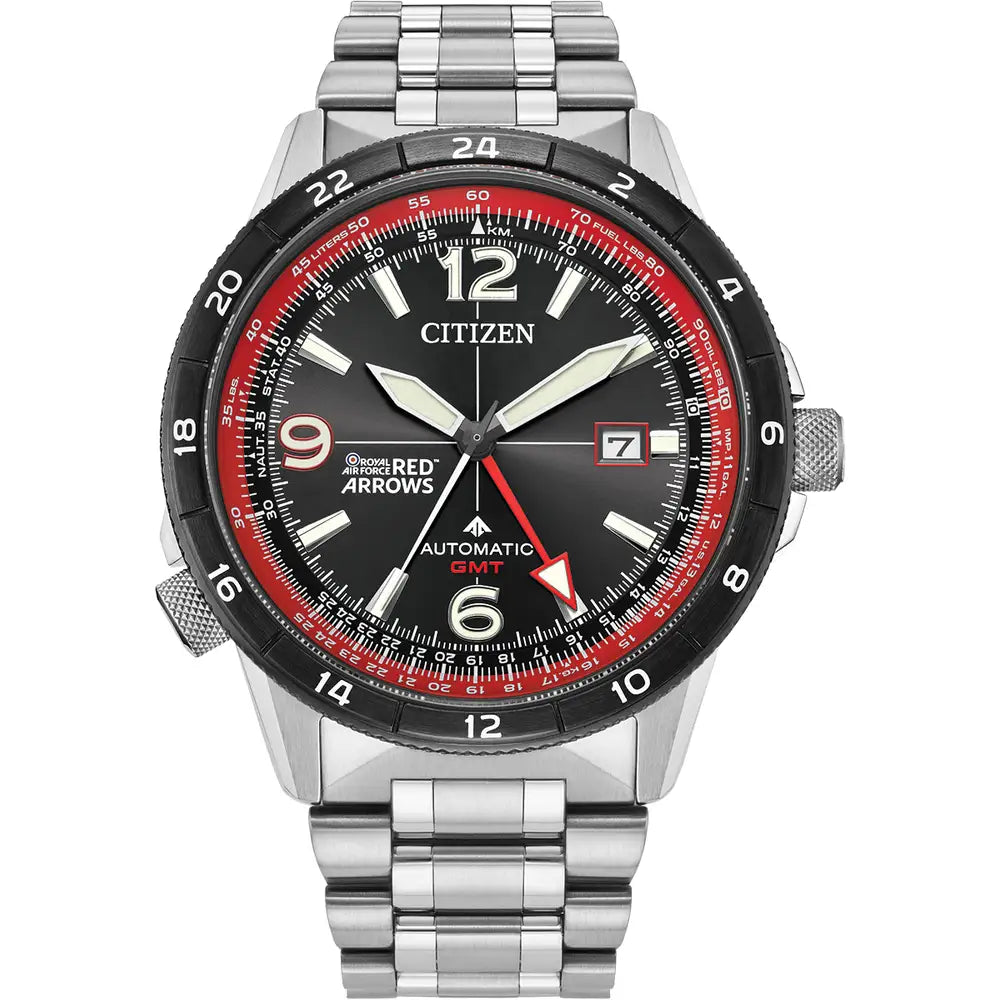 The CITIZEN Red Arrows Limited Edition Promaster Automatic GMT NB6048-53E features a striking black and red dial, silver markers, date at 3 o’clock, and stainless steel bracelet—a standout choice for watch enthusiasts.