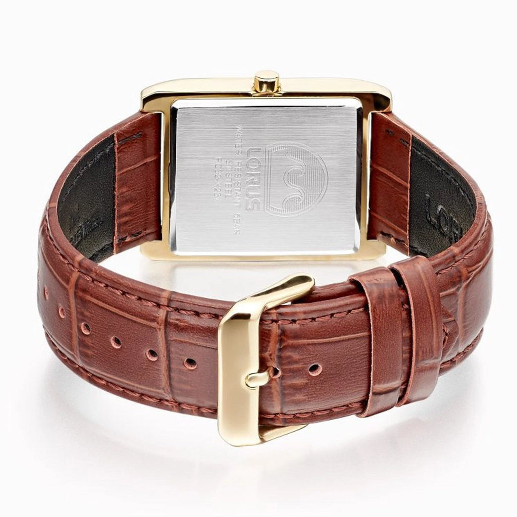 The Lorus Gents White Dial Rectangle Watch RH940RX9 features a brown leather strap, gold-tone metal case and buckle, all powered by a reliable quartz movement.