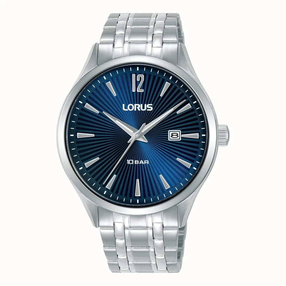 The Lorus Gents Silver Bracelet Watch RH989RX9 features a blue dial, silver hour markers, date window at 3 o’clock, stainless steel bracelet, and reliable quartz movement.