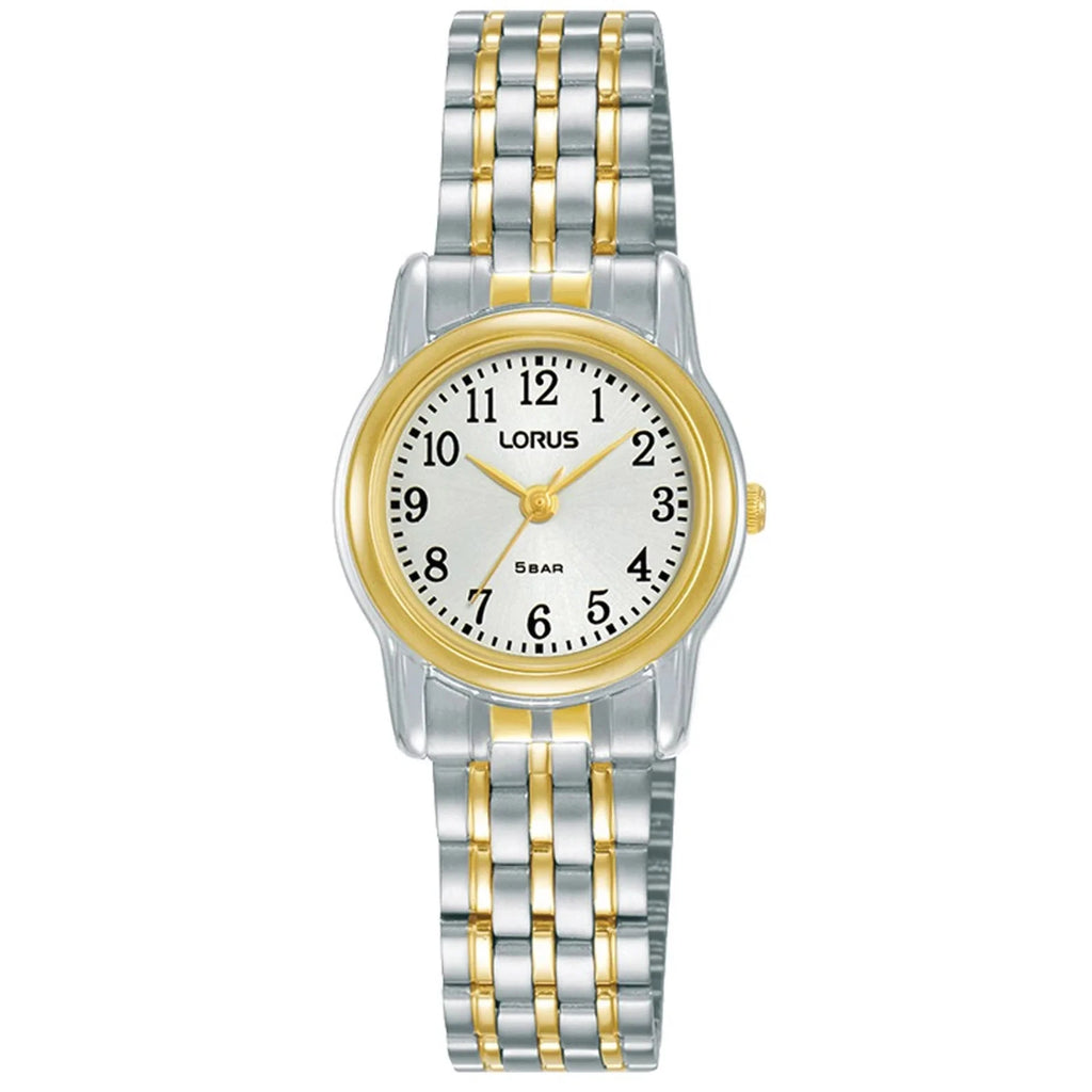 The Lorus Ladies Two-Tone Classic Bracelet Watch RRX30HX9 features a round white dial with black numerals, gold bezel, silver and gold metal link band, quartz movement, and is 50m water resistant.
