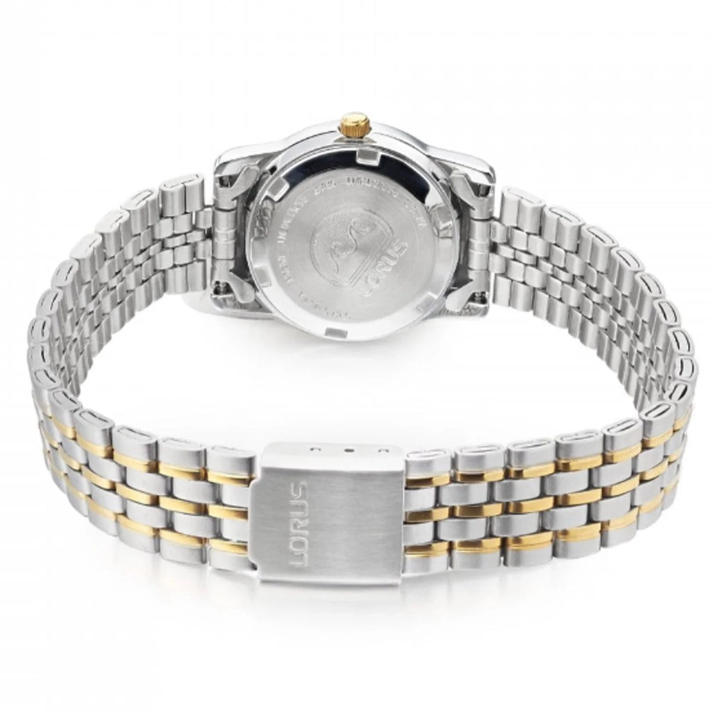 The Lorus Ladies Two-Tone Classic Bracelet Watch RRX30HX9 is shown from the back, displaying its silver and gold stainless steel design with a metal clasp and case back. This watch is also 50m water resistant.