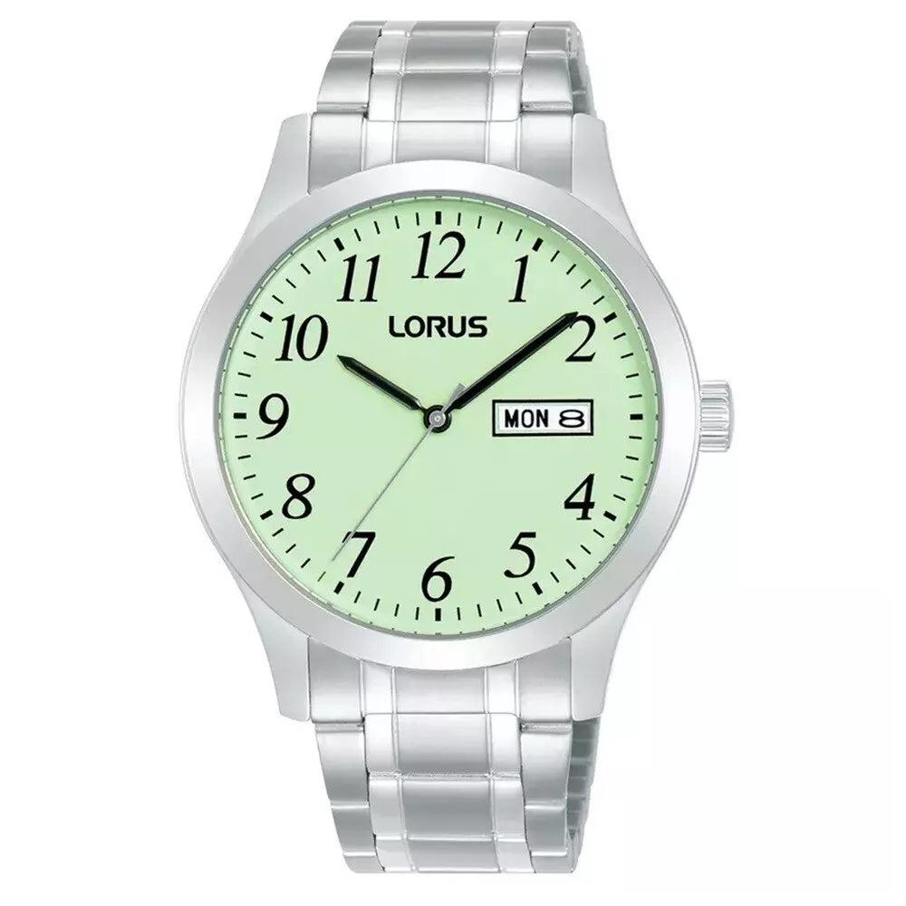 The Lorus Men’s Luminous Dial Easy Reader Watch RXN83DX9 features a silver case, light green face with black numerals, day-date display showing "MON 8," and reliable quartz movement.