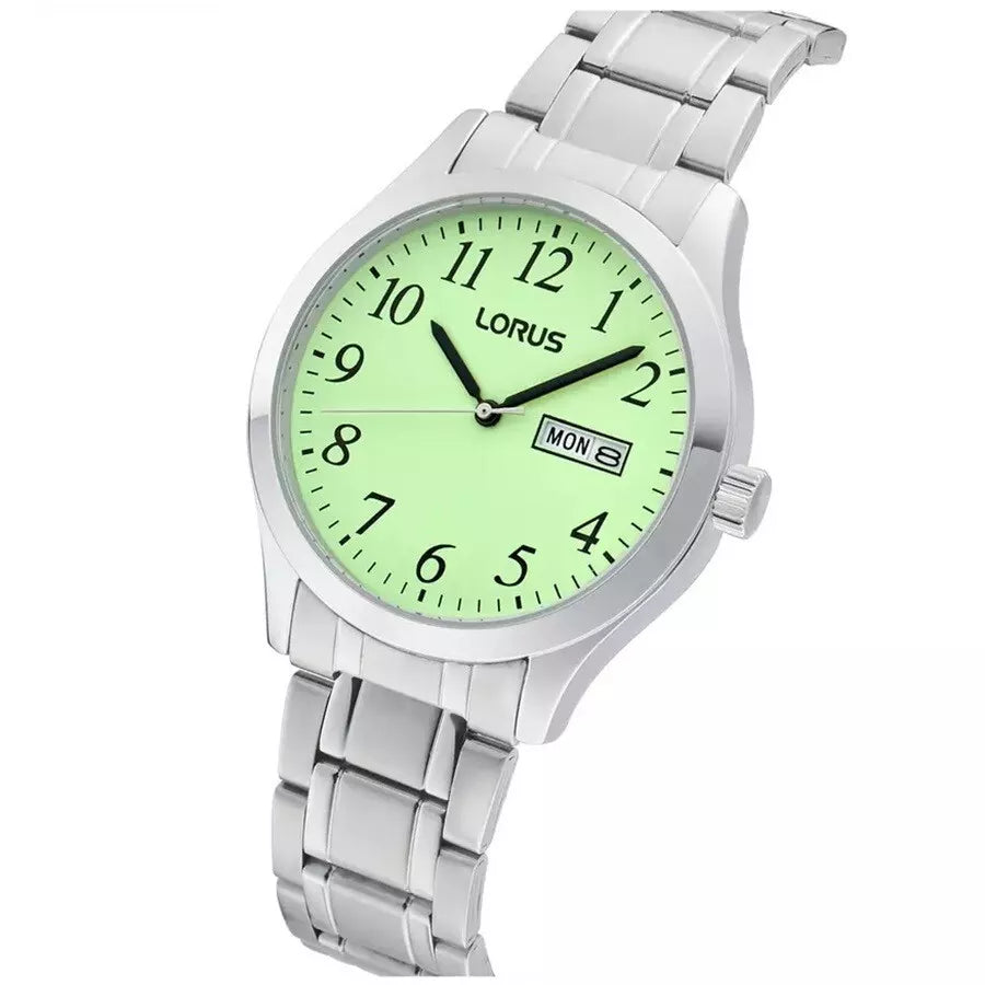 The Lorus Men’s Luminous Dial Easy Reader Watch RXN83DX9 features a silver case, green face with black numerals, three hands, quartz movement, right-side day-date display, and is water resistant for everyday use.