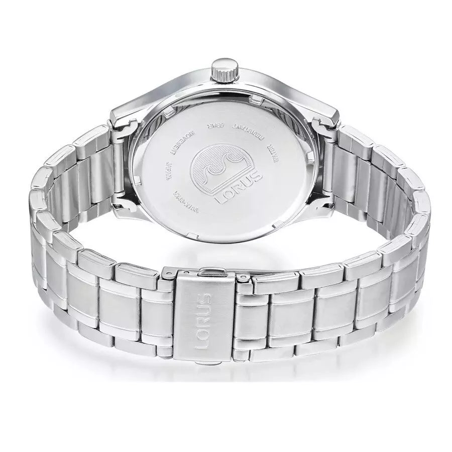 The back view of the Lorus Men’s Luminous Dial Easy Reader Watch RXN83DX9 showcases its engraved case back, metal link bracelet, water resistance, and accurate quartz movement.