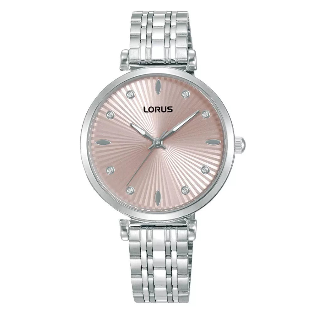 The Lorus Women’s Stainless Steel Quartz Watch – Light Pink Dial RG259XX9, featuring a silver metal link band and crystal hour markers, is displayed against a white background.