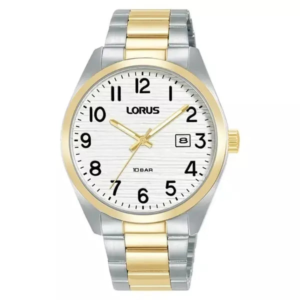 The Lorus Gents Two Tone Classic Watch RH912RX9 features an easy-to-read white dial with black numerals, gold hands, a date display at 3 o’clock, and reliable quartz movement.