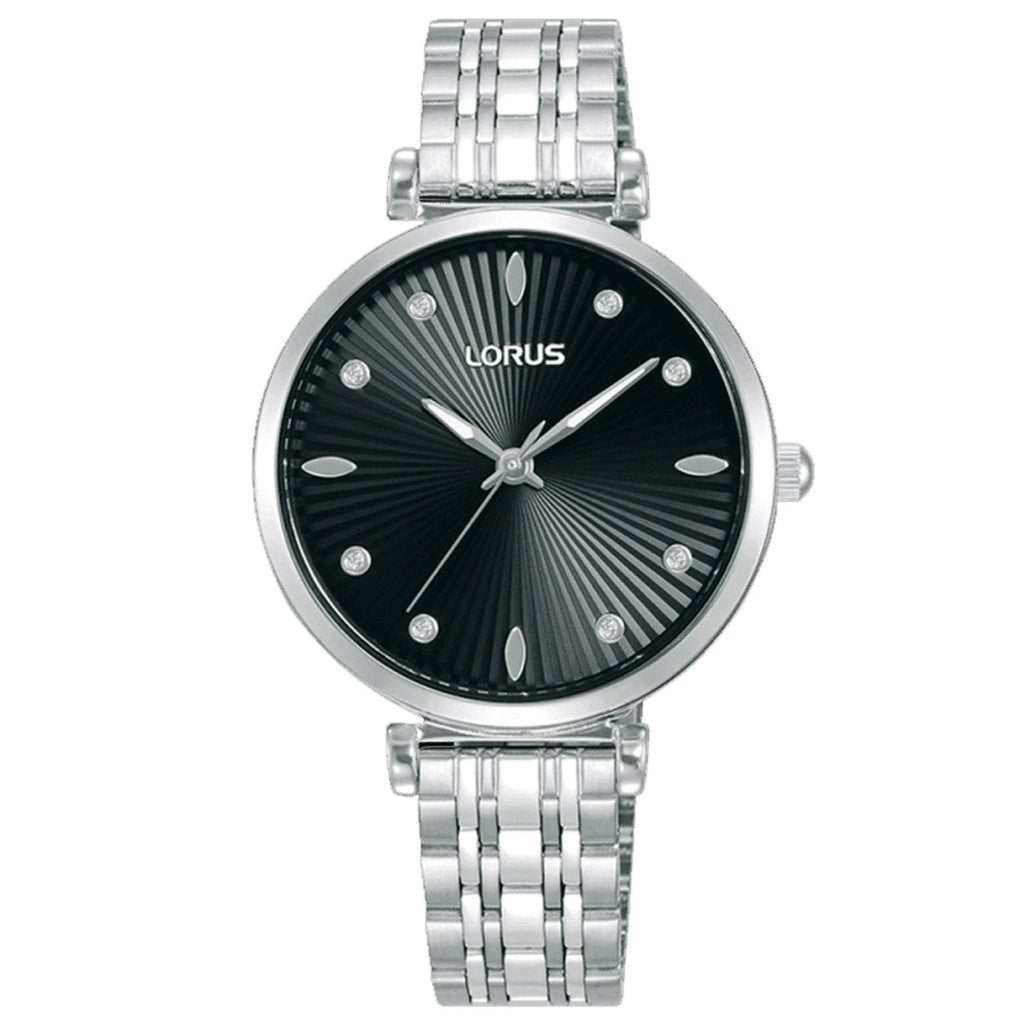The Lorus Women’s Stainless Steel Quartz Watch RG255XX9 features a silver case, black sunray-patterned dial with silver markers, sleek metal link band, no numbers or date display, and water resistance for everyday use.