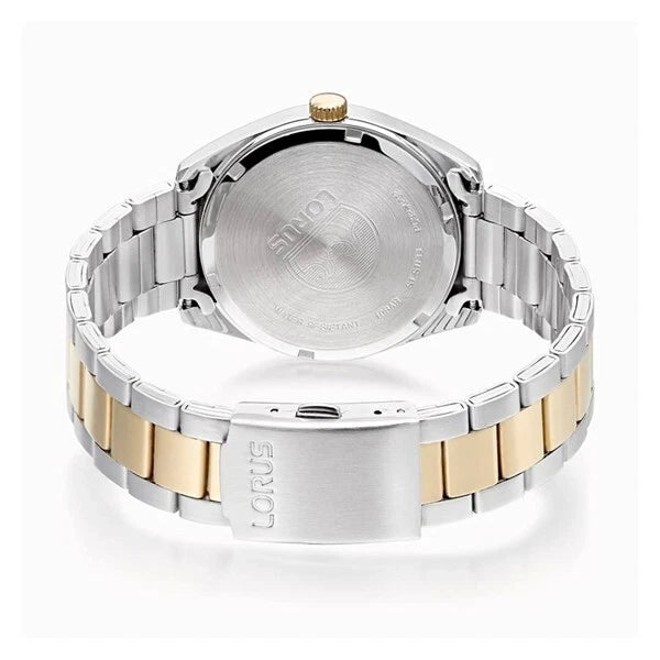The Lorus Gents Two Tone Classic Watch RH912RX9 features a silver and gold-tone metal bracelet, engraved stainless steel case back, easy-to-read dial, and reliable quartz movement—a timeless choice.
