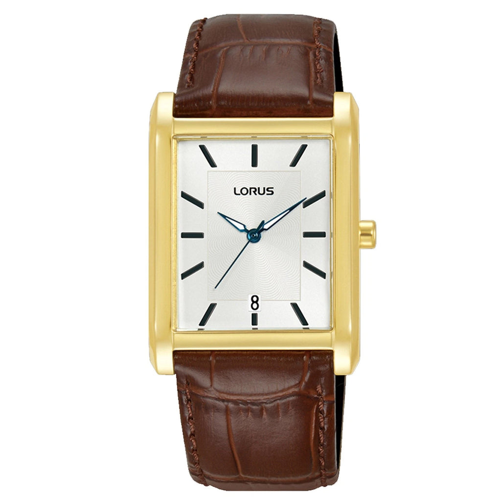 The Lorus Gents RH940RX9 features a rectangular gold-tone case, white dial with black markers, blue hands, quartz movement, date at 6 o’clock, and a brown leather strap.