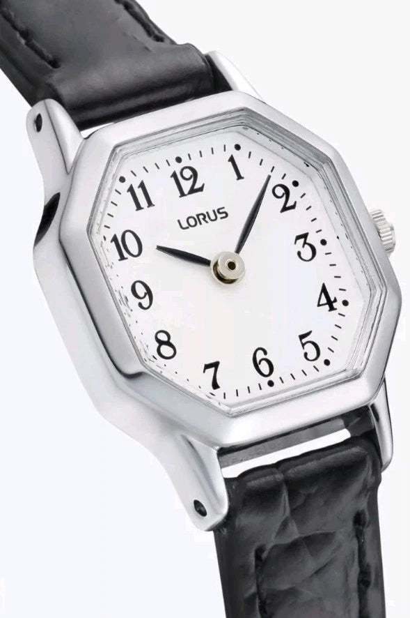 A Lorus Ladies Octagonal White Dial Watch RJ471BX9 with quartz movement, black strap, and white face with black numerals. The time shown is approximately 10:09.