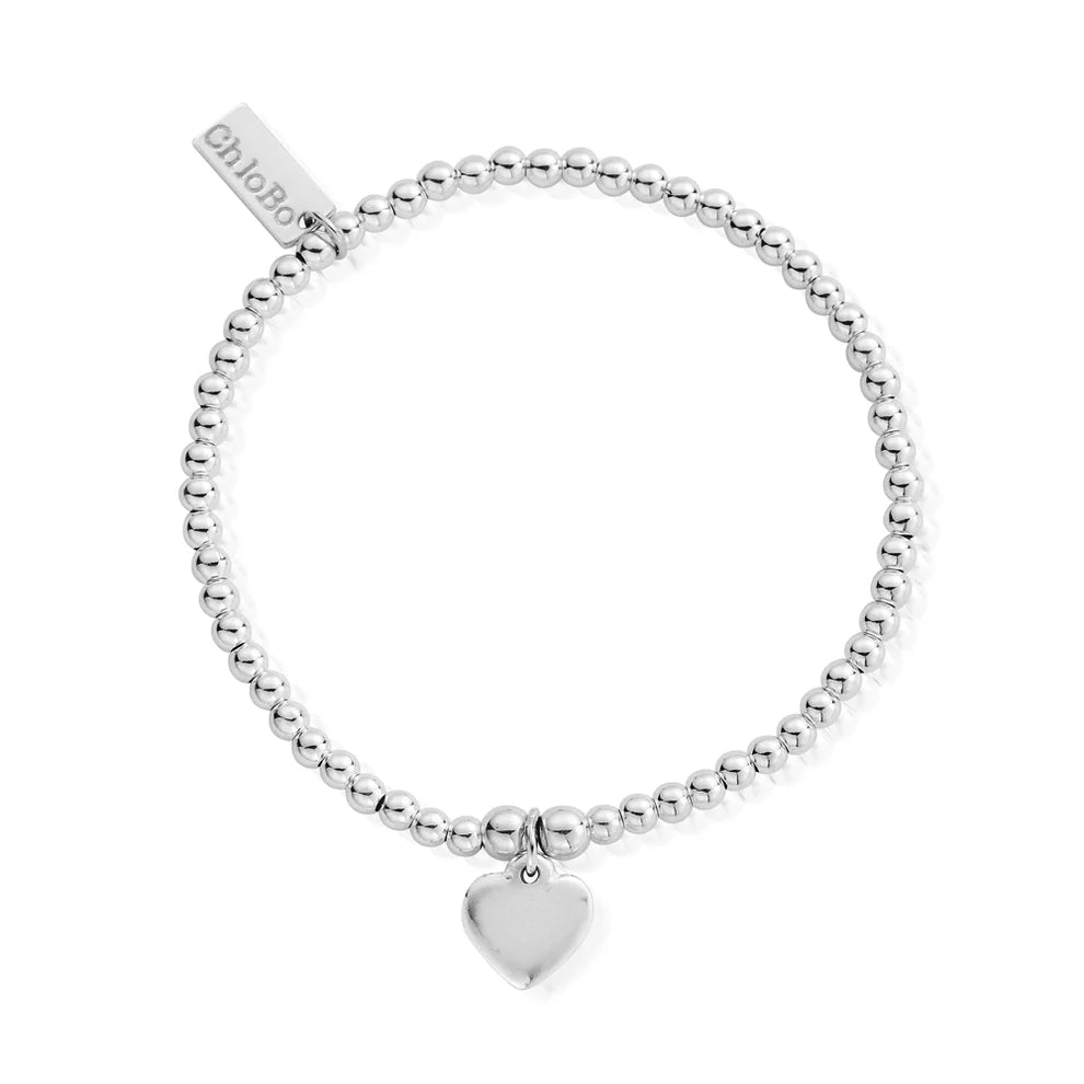 The ChloBo Personalised Cute Charm Heart Bracelet features a silver beaded design with a heart-shaped charm and an engraved rectangular "ChloBo" tag, making it the perfect engraved bracelet for any occasion.
